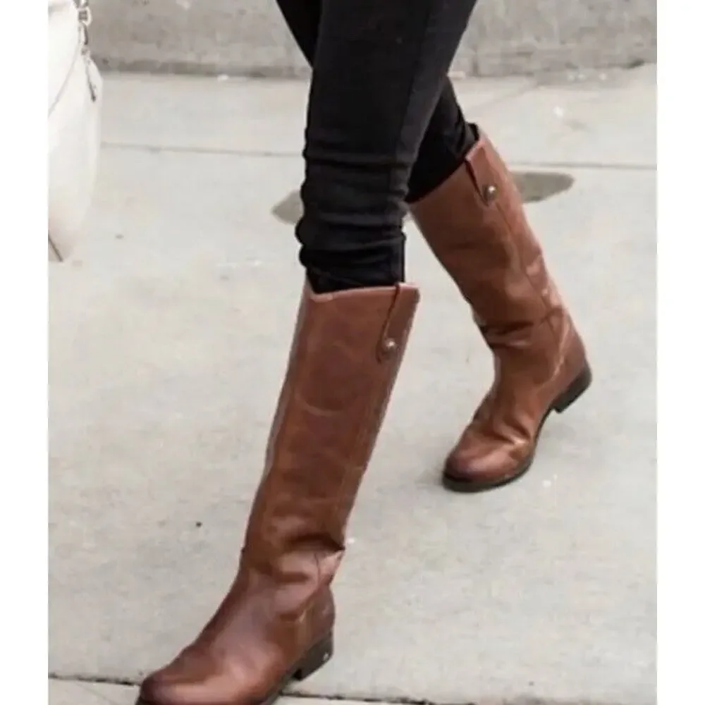 $298 Frye Melissa Button Cognac Riding Boot Brown Women Size 6.5 Tall Leather